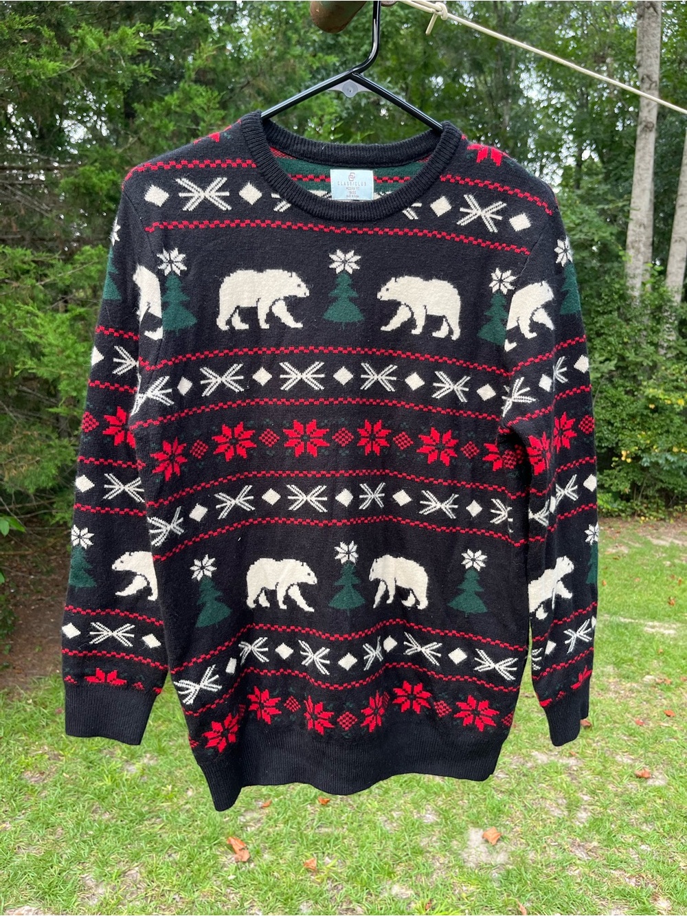 Class Club Black Crewneck Sweater with White Bears, Red and Green Fair Isle